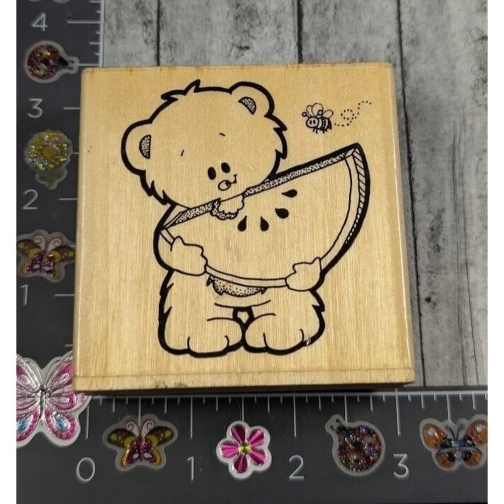 Stamp Oasis Watermelon Bear Bee 10476 Rubber Stamp Wood #i40